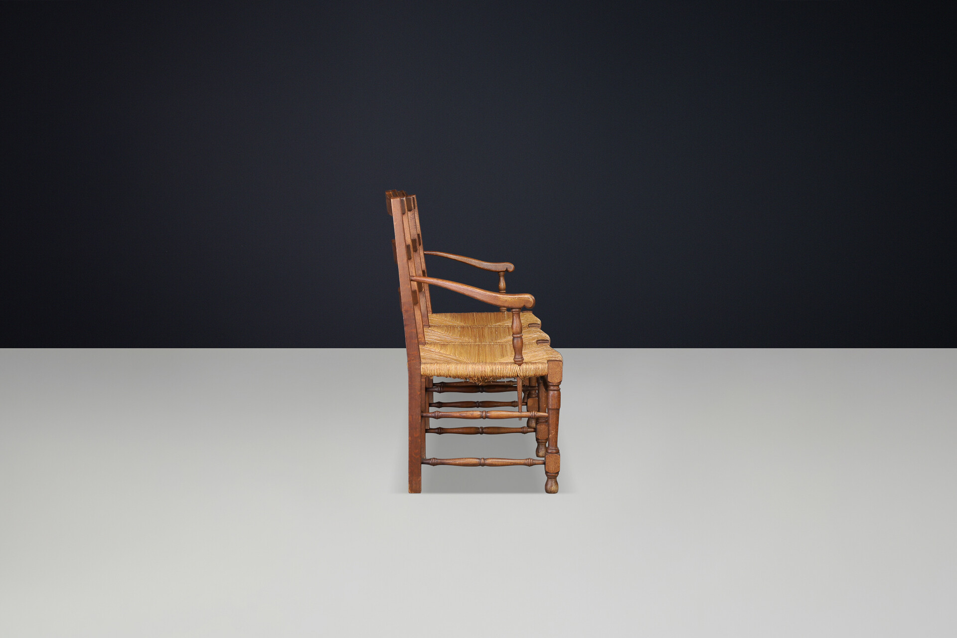 French Provincial Oak and Rush Bench, France, 1940s Mid-20th century