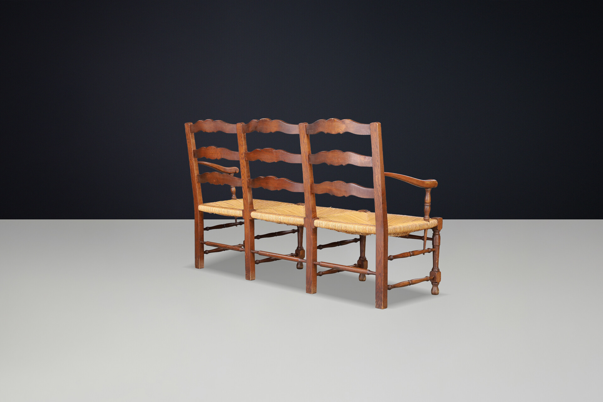 French Provincial Oak and Rush Bench, France, 1940s Mid-20th century