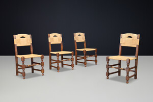 French provincial Oak Dining Chairs with Rope Seats, France 1940s Mid-20th century
