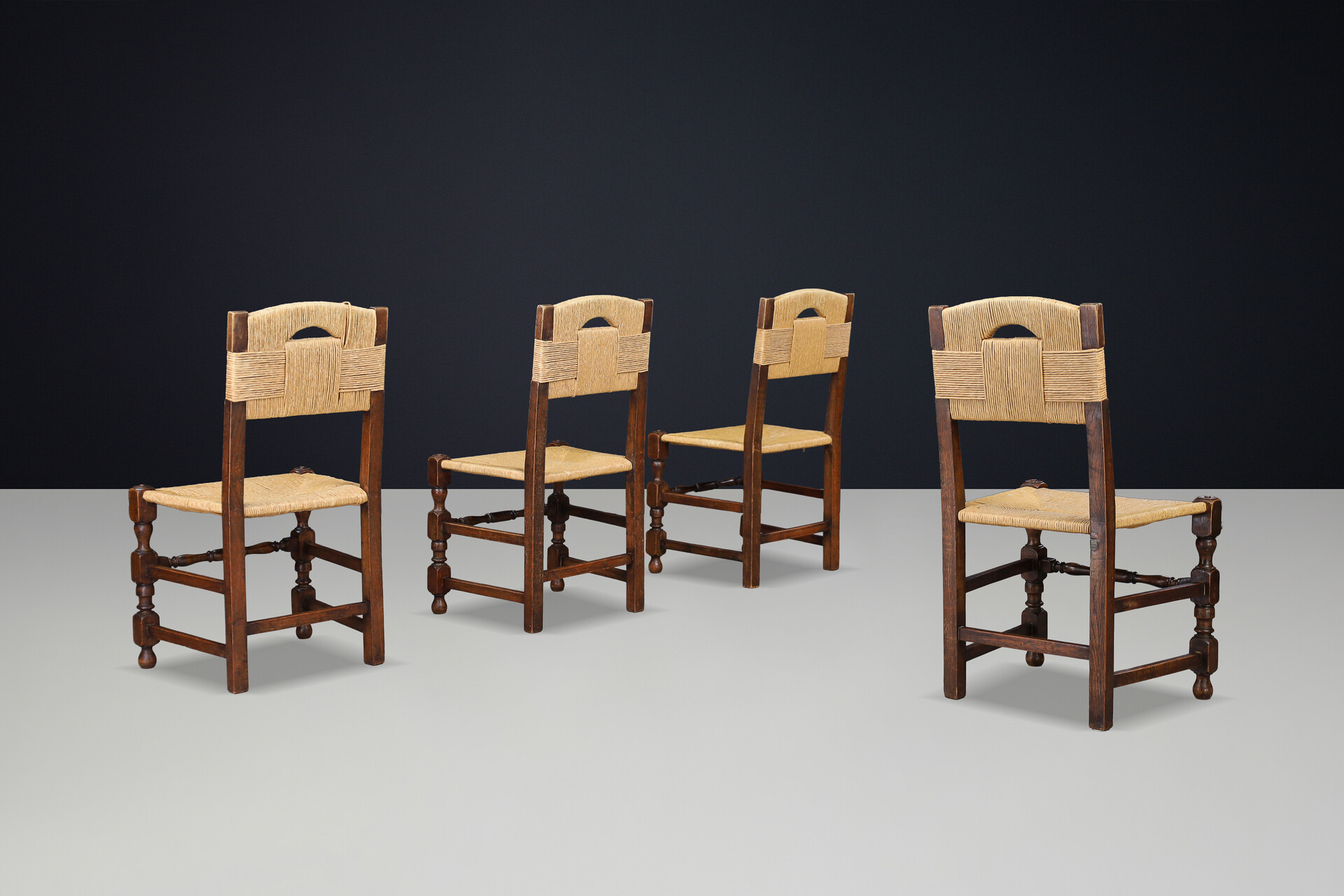 French provincial Oak Dining Chairs with Rope Seats, France 1940s Mid-20th century