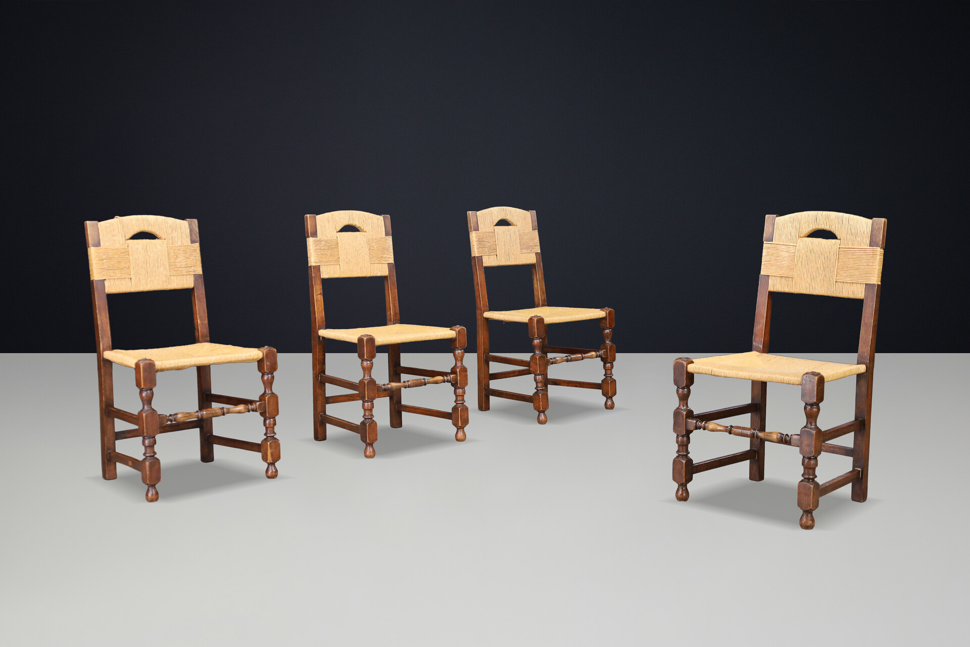 French provincial Oak Dining Chairs with Rope Seats, France 1940s Mid-20th century