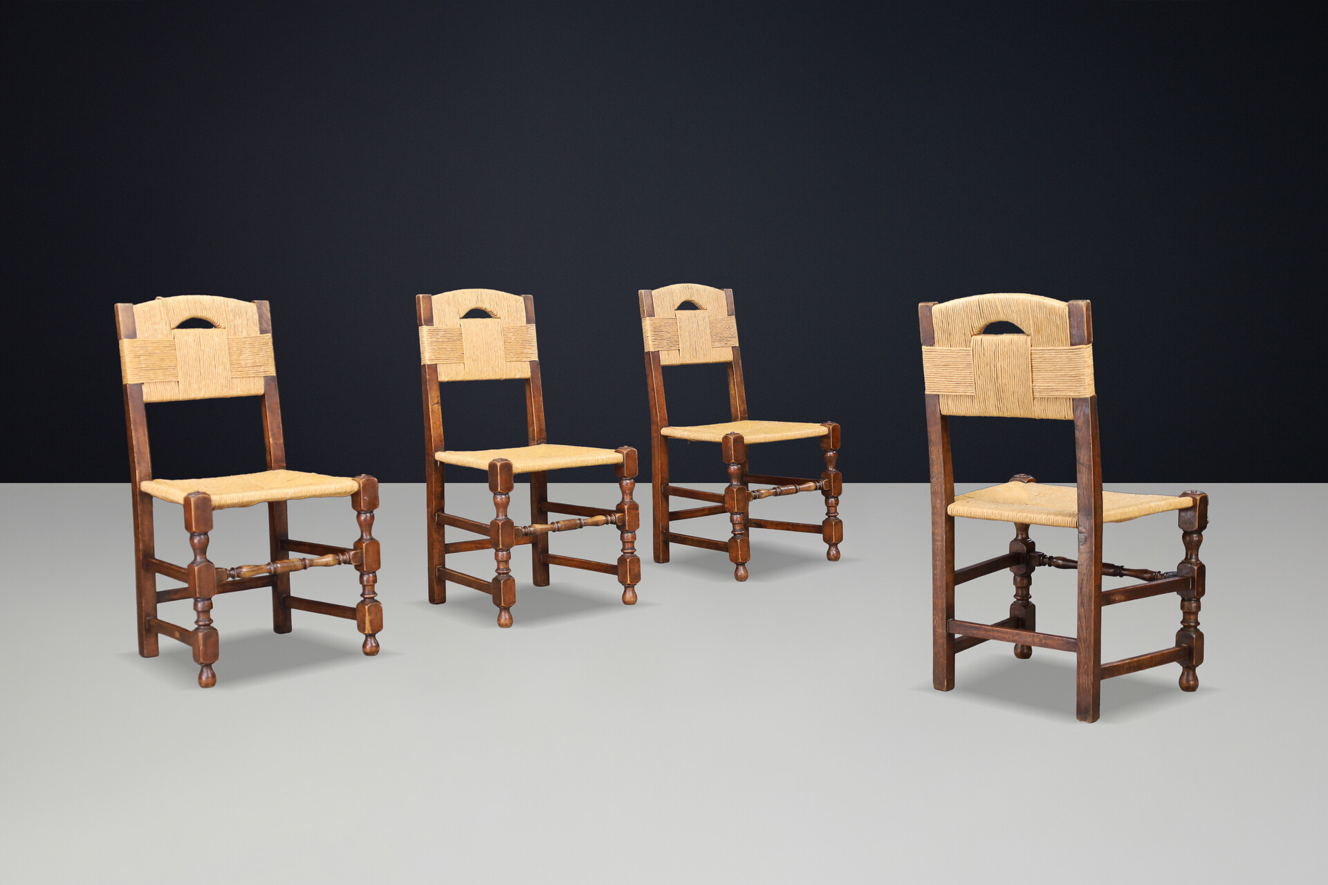 French provincial Oak Dining Chairs with Rope Seats, France 1940s Mid-20th century