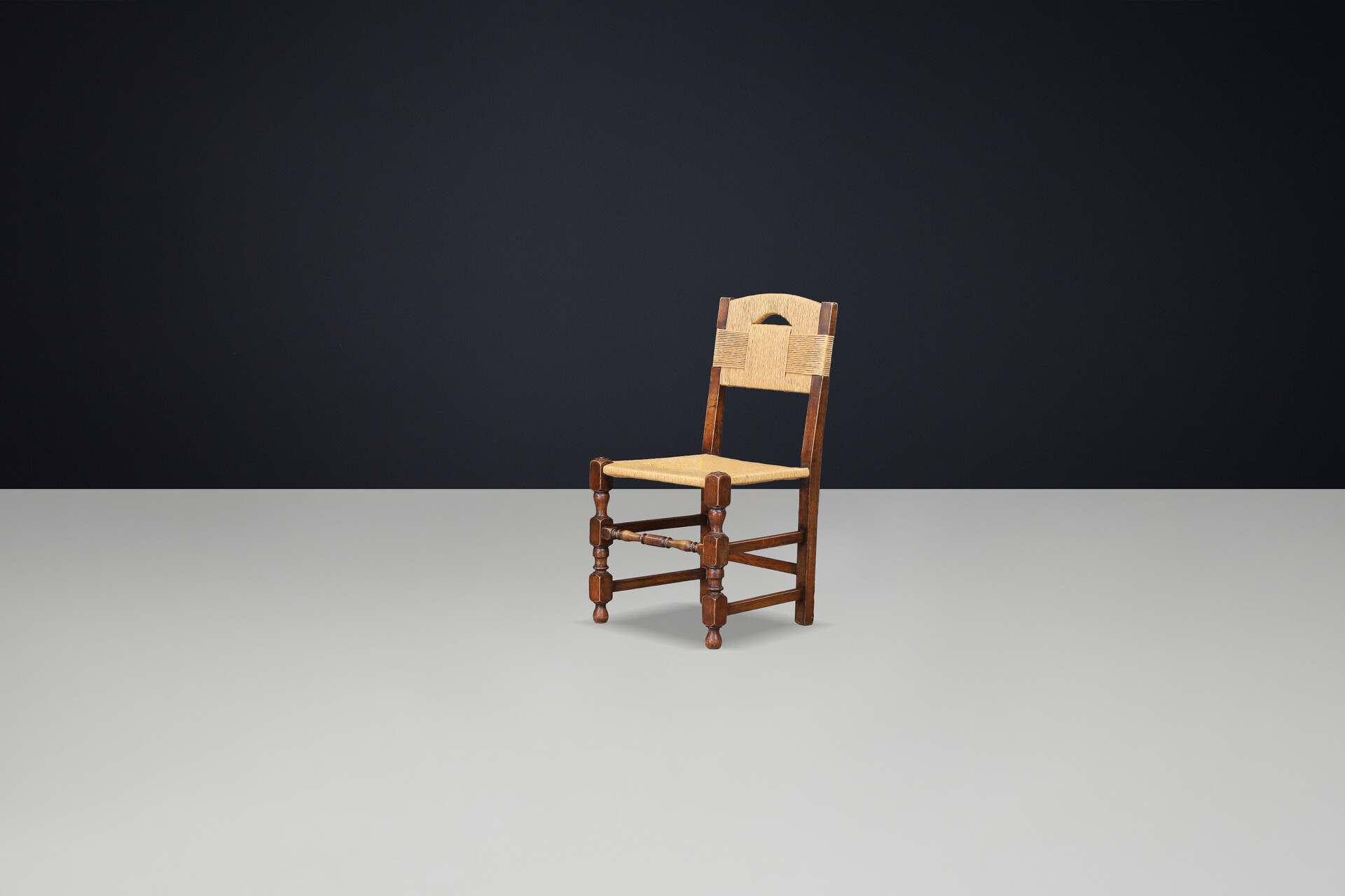 French provincial Oak Dining Chairs with Rope Seats, France 1940s Mid-20th century