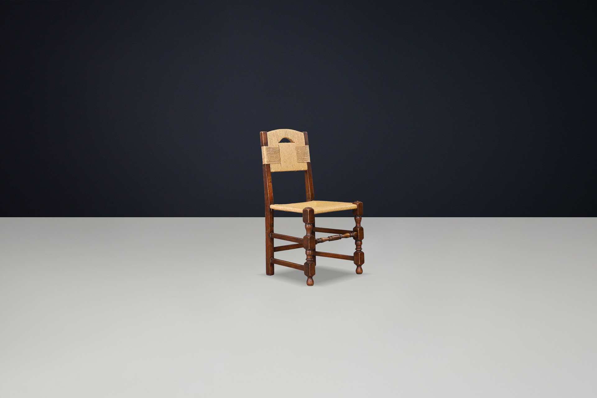 French provincial Oak Dining Chairs with Rope Seats, France 1940s Mid-20th century
