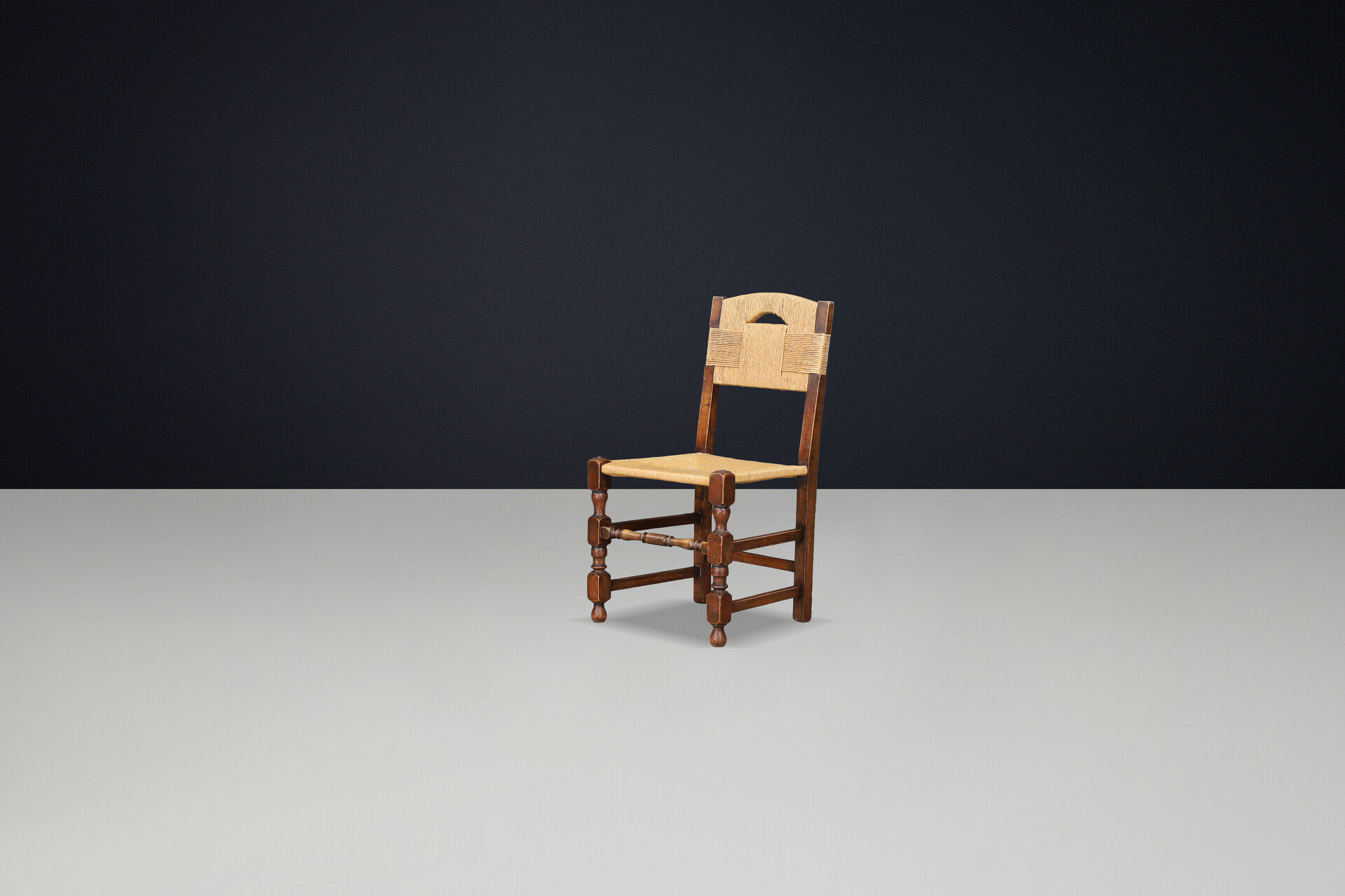 French provincial Oak Dining Chairs with Rope Seats, France 1940s Mid-20th century