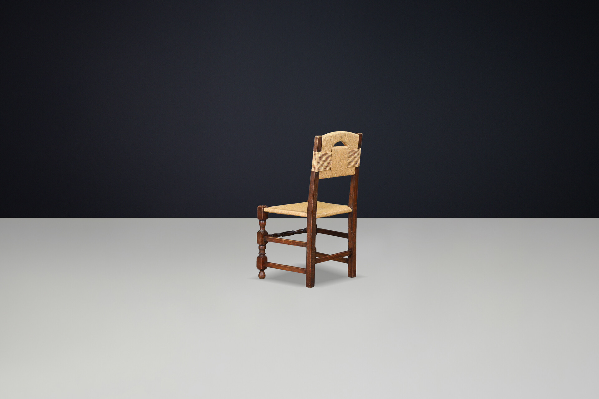 French provincial Oak Dining Chairs with Rope Seats, France 1940s Mid-20th century