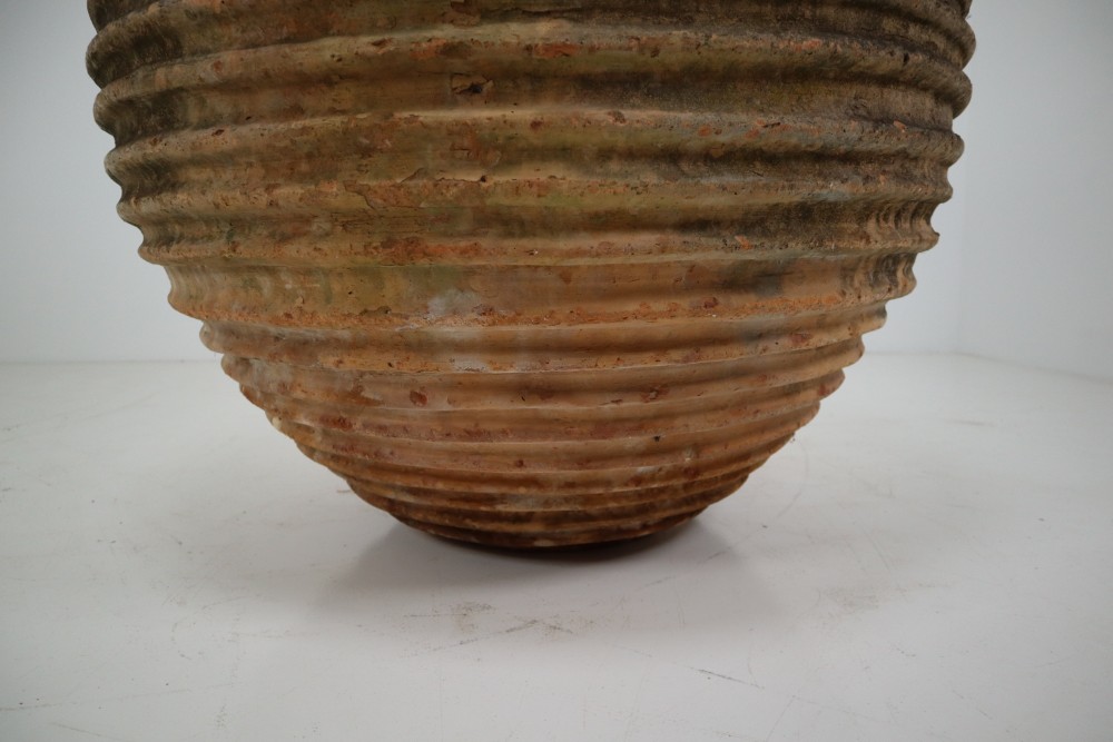Giant Antique Terracotta Ribbed Olive Jar with Dark Lichen Patination
