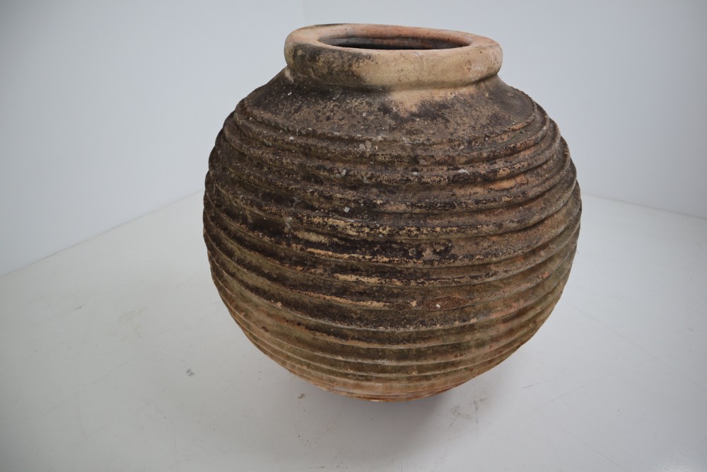 Giant Antique Terracotta Ribbed Olive Jar with Dark Lichen Patination
