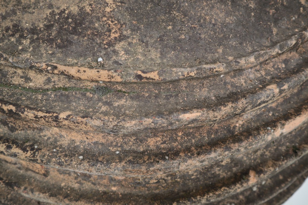 Giant Antique Terracotta Ribbed Olive Jar with Dark Lichen Patination