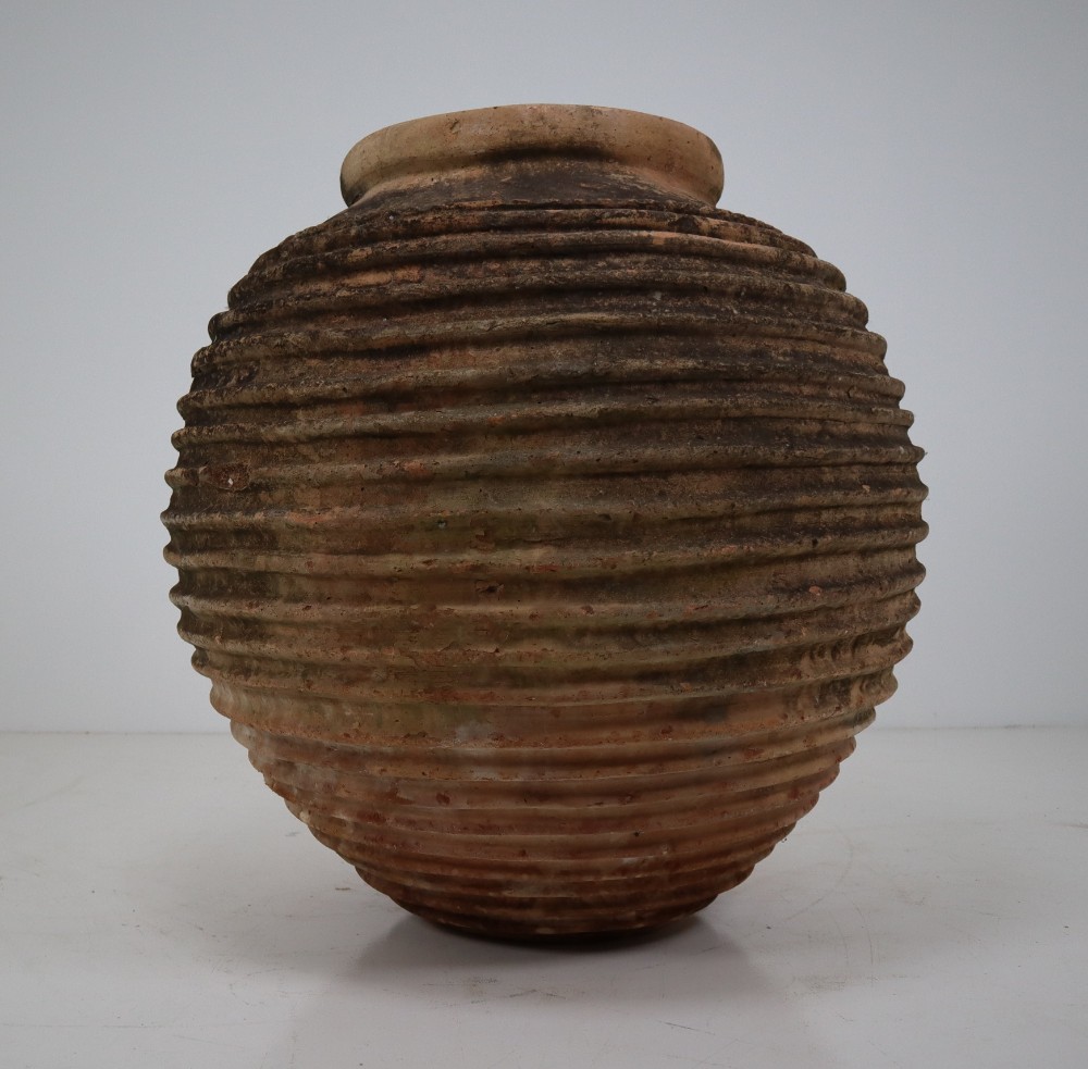 Giant Antique Terracotta Ribbed Olive Jar with Dark Lichen Patination