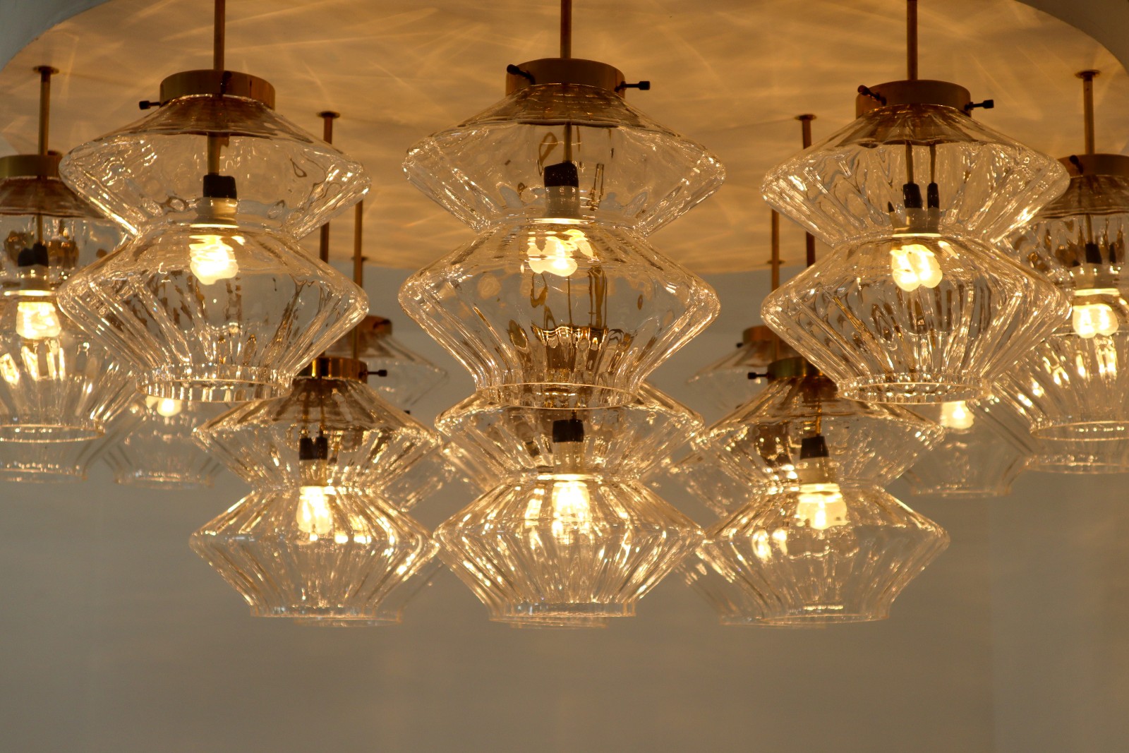 Giant Flush mount Chandelier with 19 Structured Glass Shades , Praque 1970s
