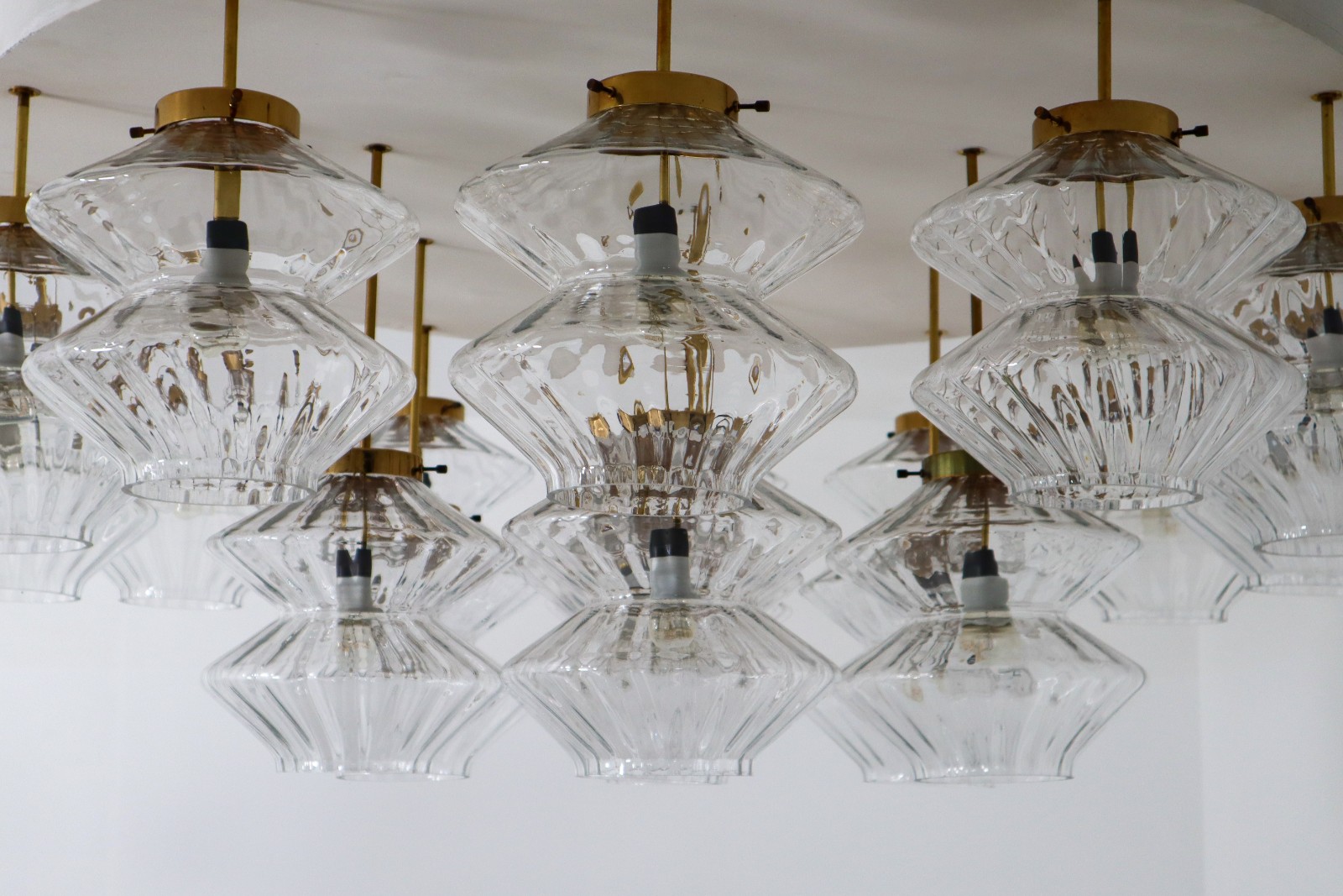 Giant Flush mount Chandelier with 19 Structured Glass Shades , Praque 1970s
