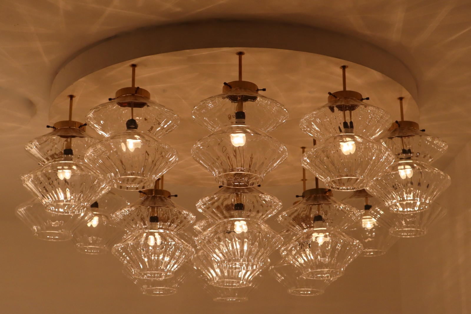 Giant Flush mount Chandelier with 19 Structured Glass Shades , Praque 1970s