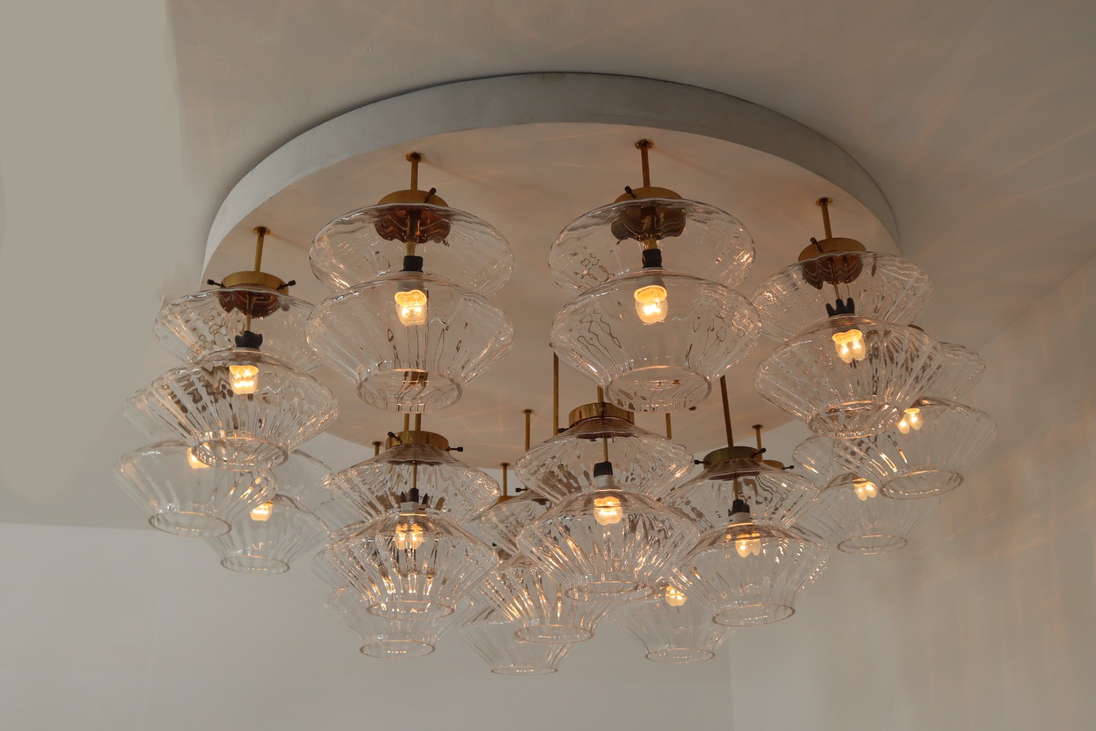 Giant Flush mount Chandelier with 19 Structured Glass Shades , Praque 1970s