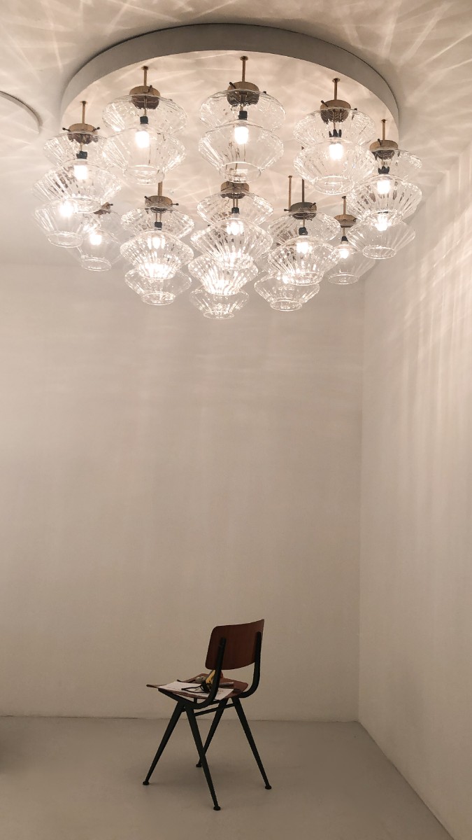 Giant Flush mount Chandelier with 19 Structured Glass Shades , Praque 1970s