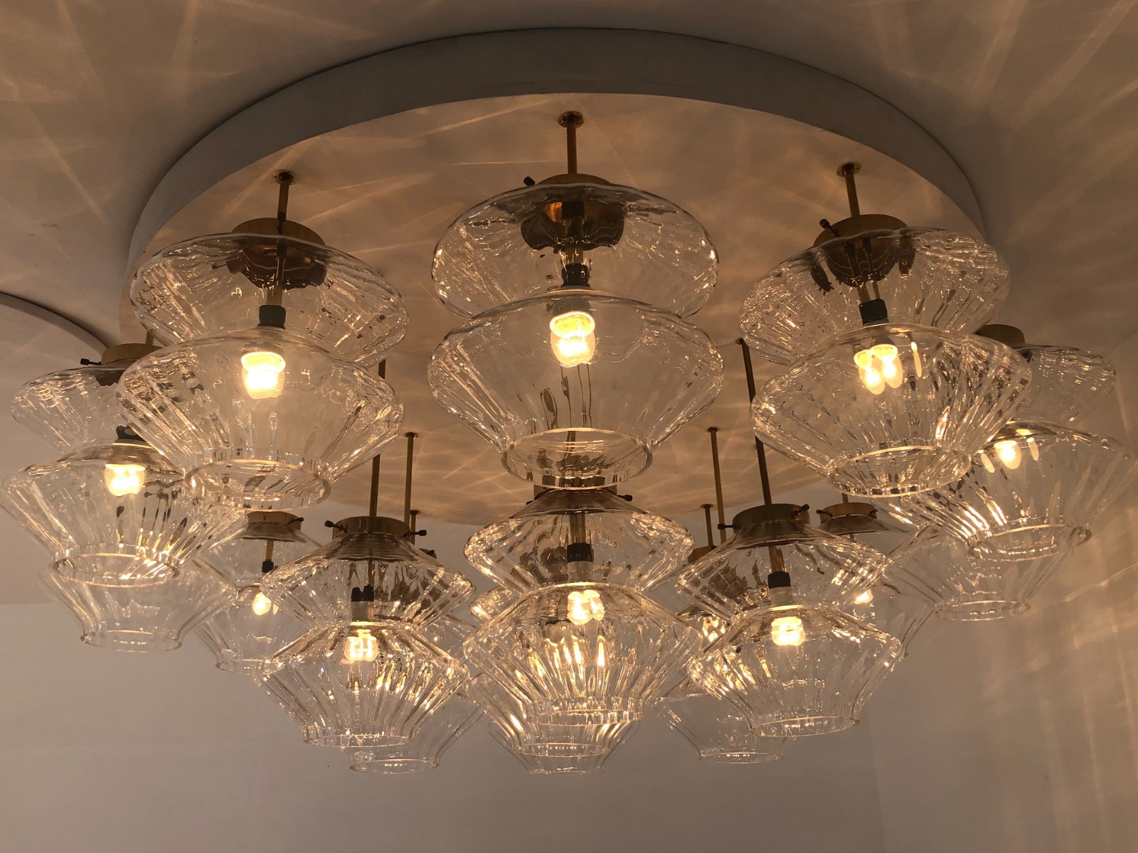 Giant Flush mount Chandelier with 19 Structured Glass Shades , Praque 1970s