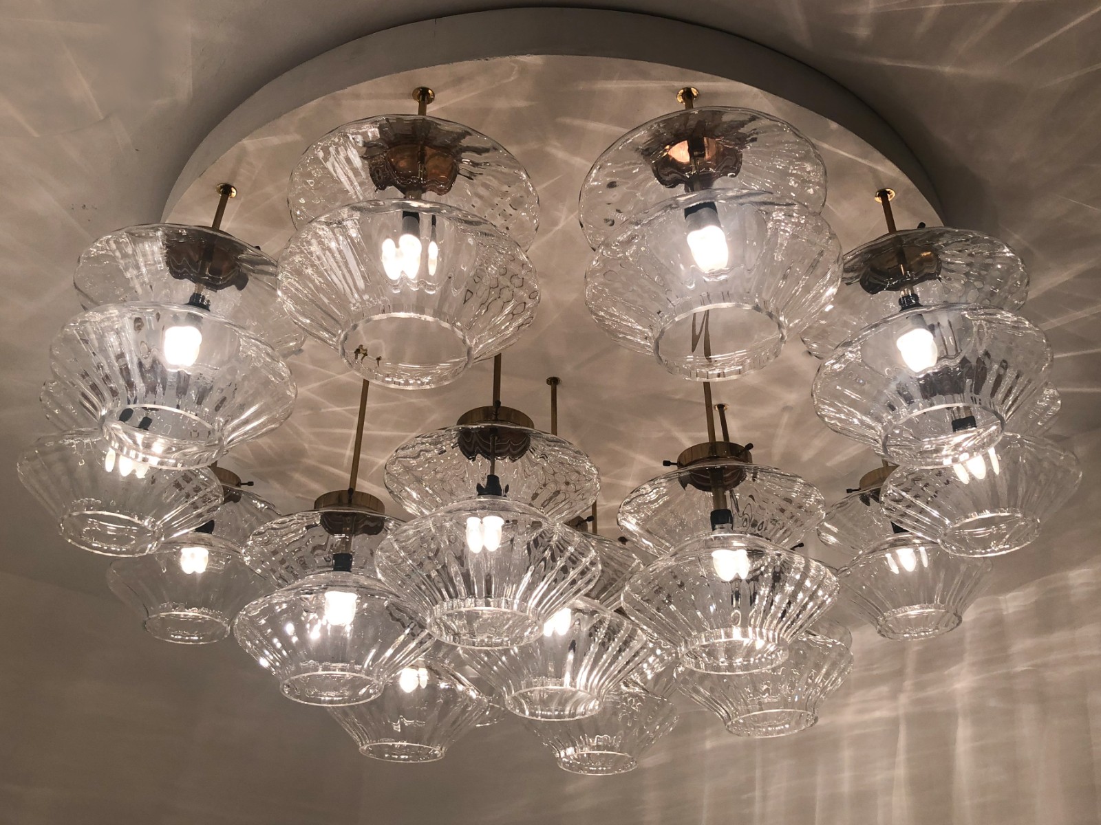 Giant Flush mount Chandelier with 19 Structured Glass Shades , Praque 1970s