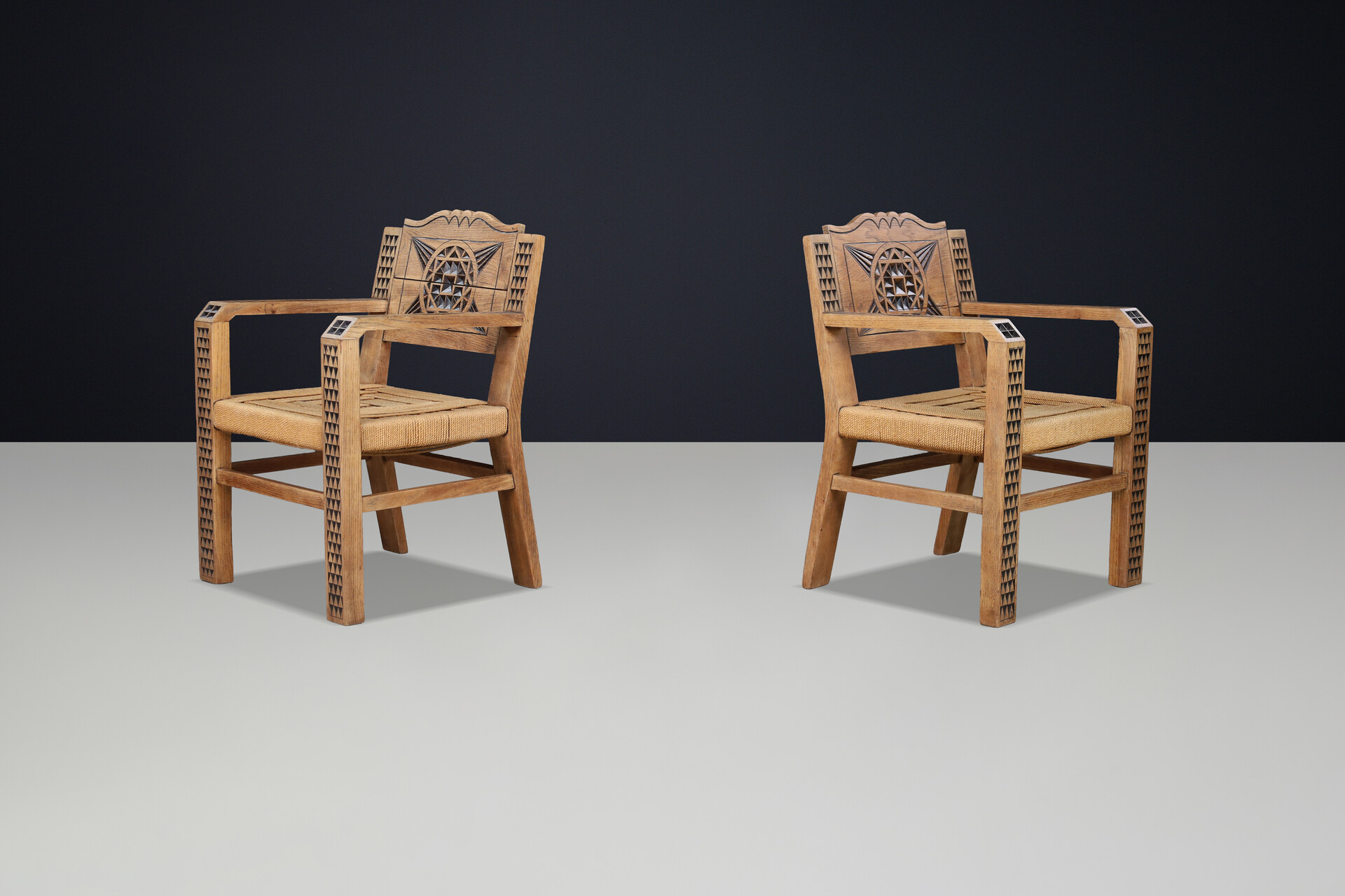 Hand-Carved Oak Armchairs, in the Manner of Joseph Savina, France 1930 Early-20th century