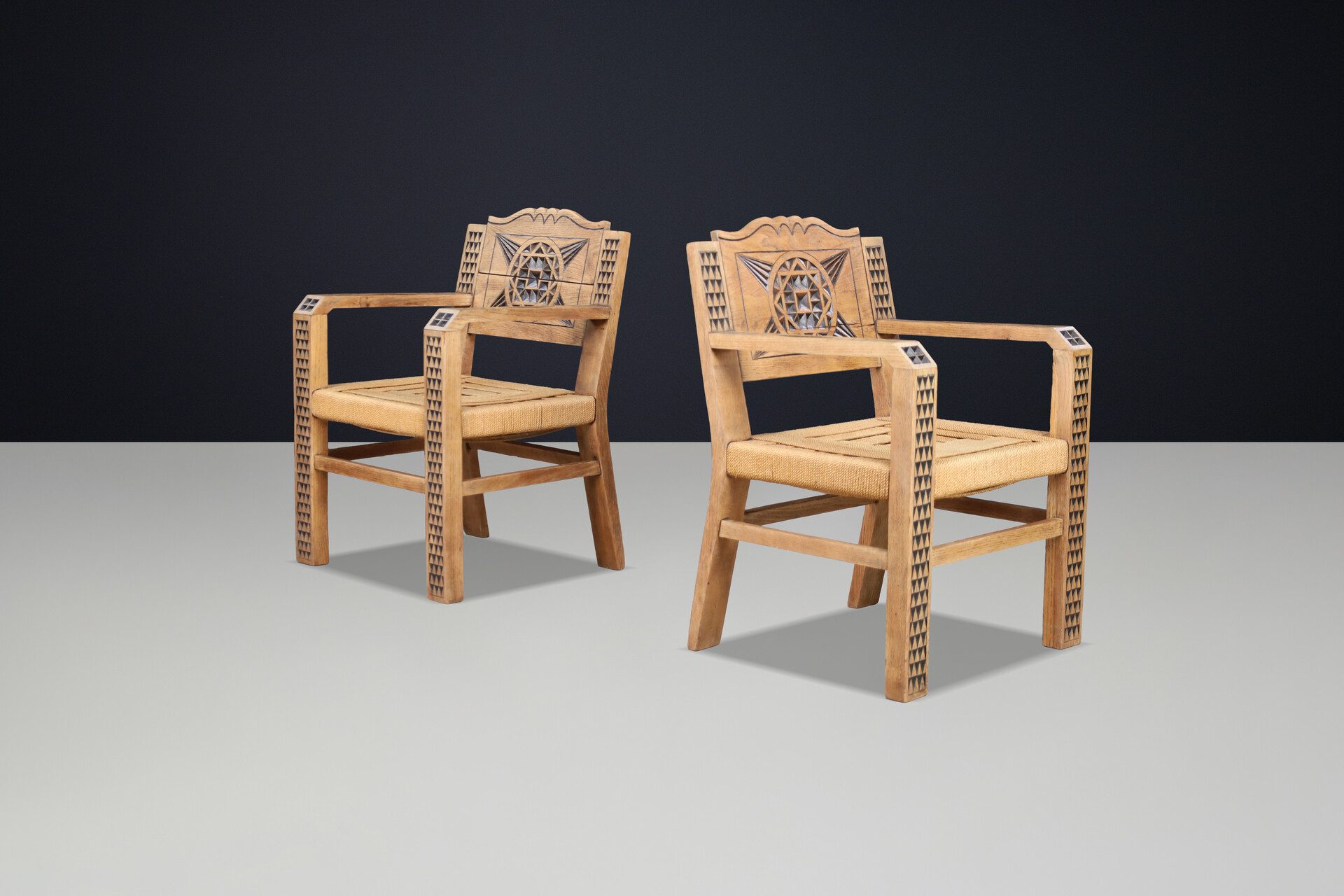 Hand-Carved Oak Armchairs, in the Manner of Joseph Savina, France 1930 Early-20th century