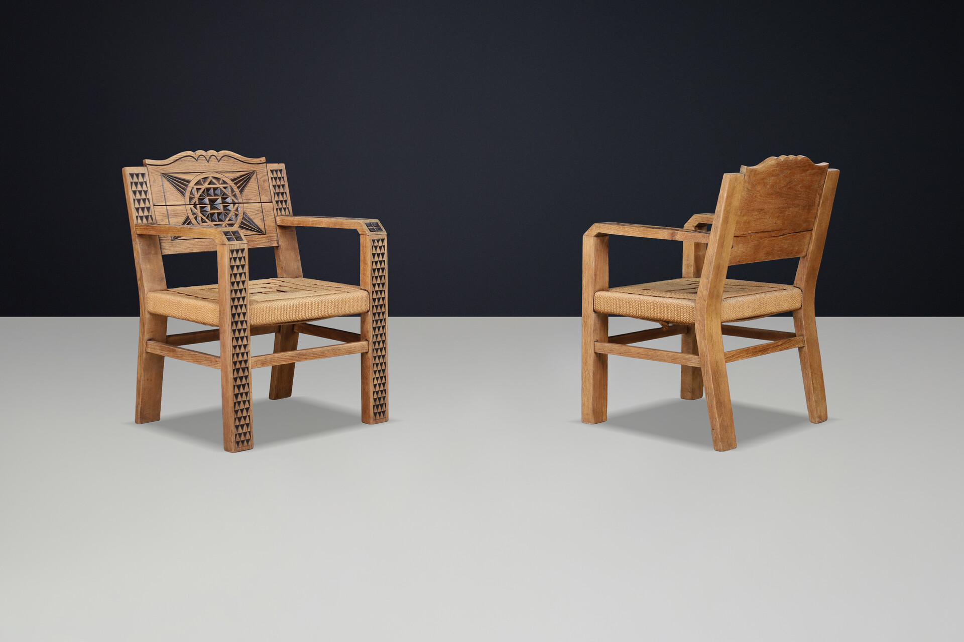 Hand-Carved Oak Armchairs, in the Manner of Joseph Savina, France 1930 Early-20th century