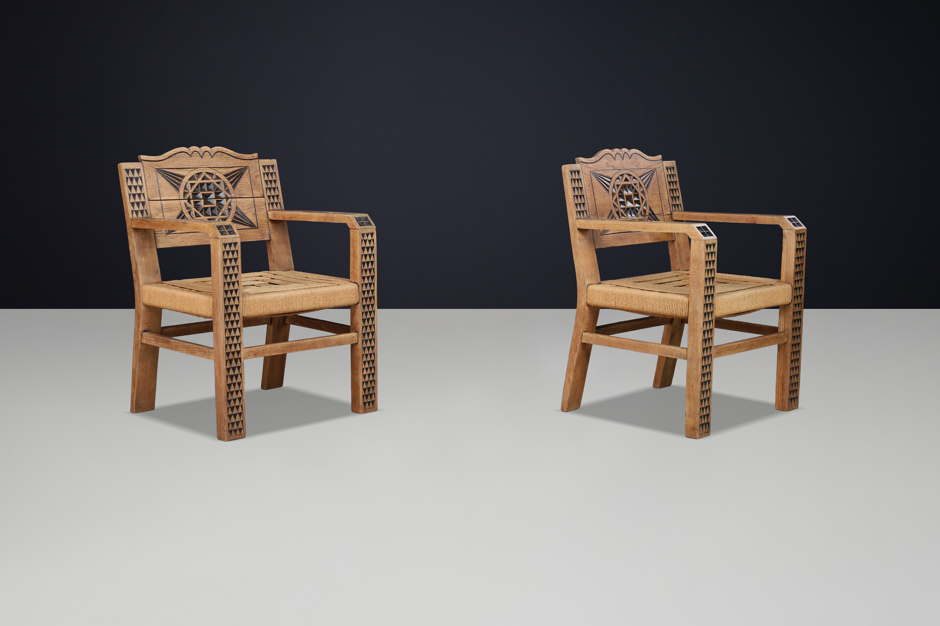 Hand-Carved Oak Armchairs, in the Manner of Joseph Savina, France 1930 Early-20th century