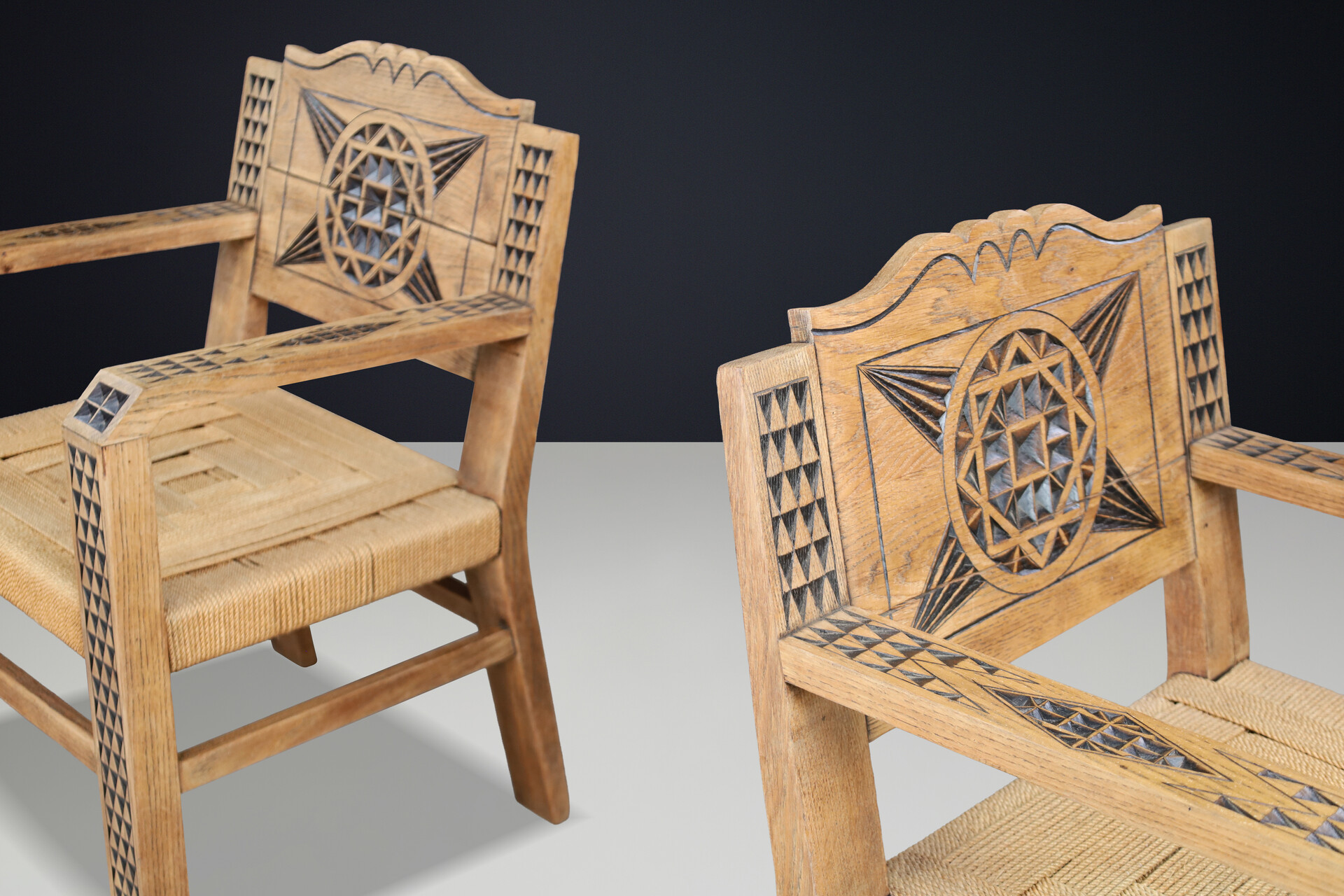 Hand-Carved Oak Armchairs, in the Manner of Joseph Savina, France 1930 Early-20th century