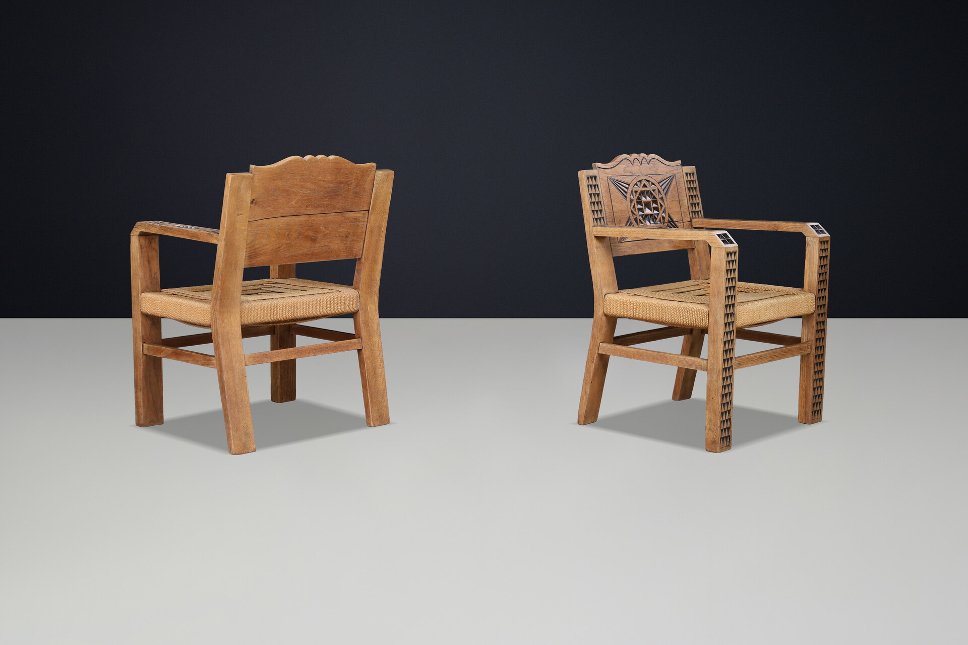 Hand-Carved Oak Armchairs, in the Manner of Joseph Savina, France 1930 Early-20th century