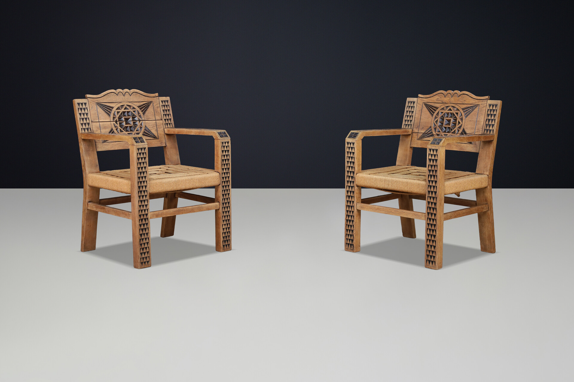 Hand-Carved Oak Armchairs, in the Manner of Joseph Savina, France 1930 Early-20th century