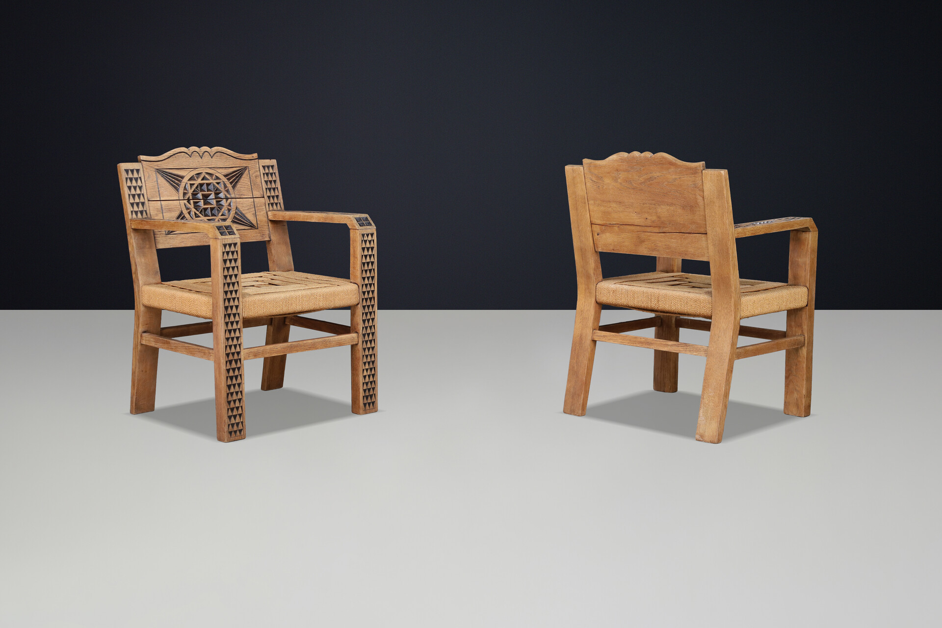 Hand-Carved Oak Armchairs, in the Manner of Joseph Savina, France 1930 Early-20th century