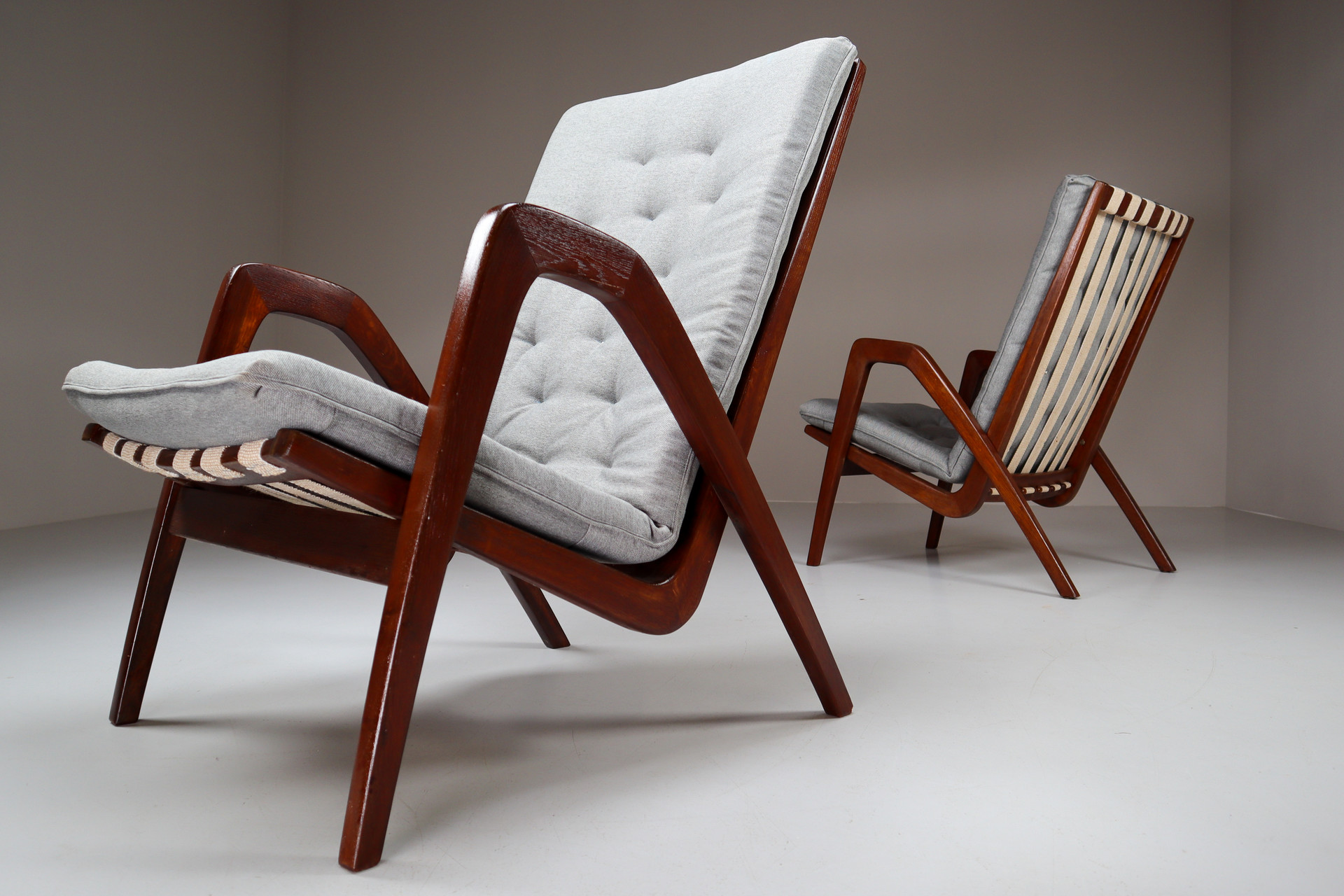 Highback Armchairs in Oak with Reupholstered fabric Cushion Europe 1930s Early-20th century