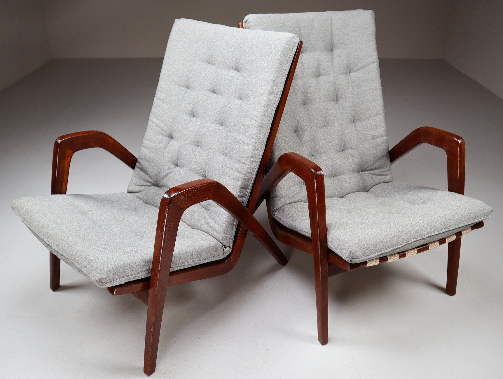 Highback Armchairs in Oak with Reupholstered fabric Cushion Europe 1930s Early-20th century