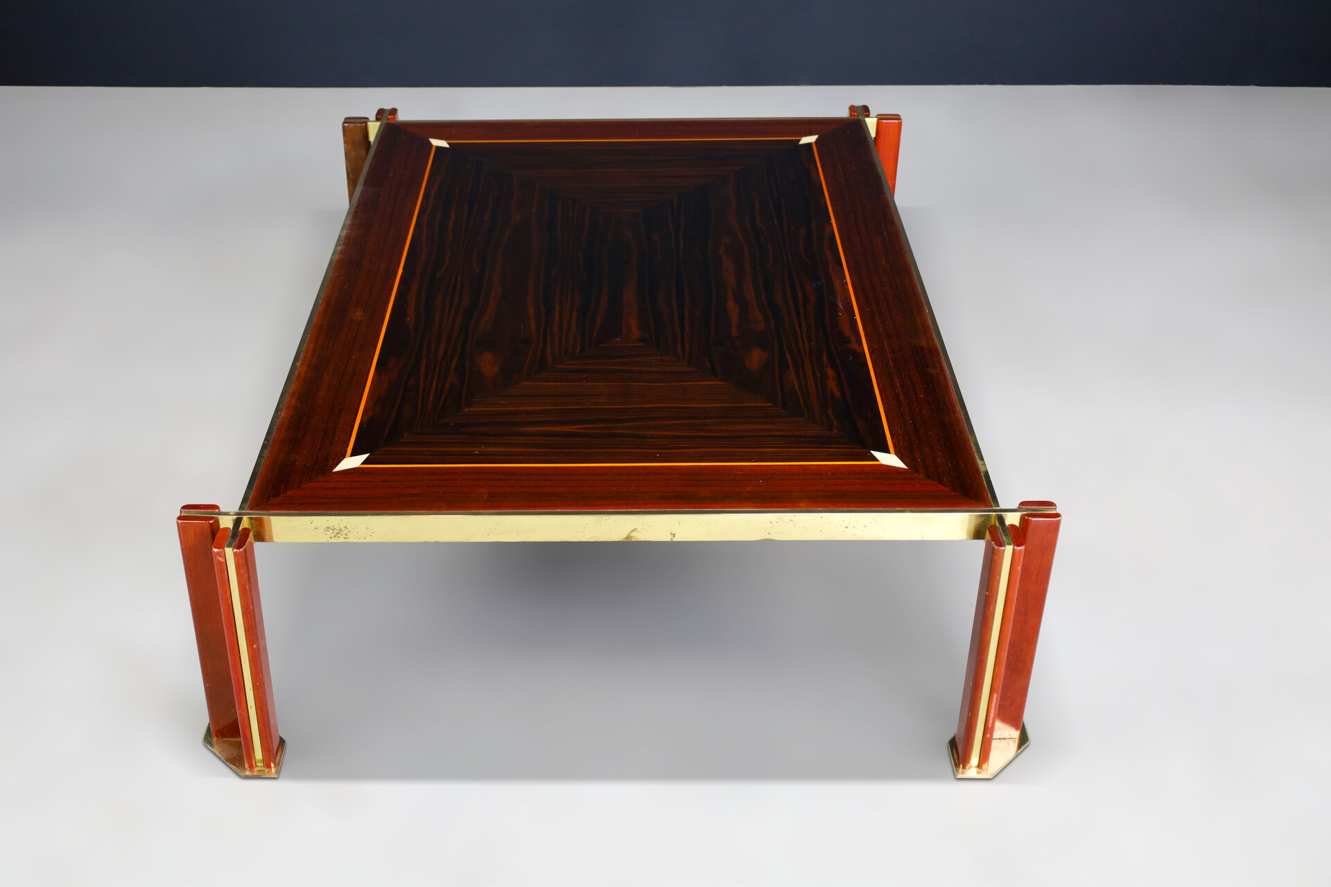 Hollywood regency Paolo Barracchia Large Brass and Wood Coffee Table, Italy 1970s Late-20th century