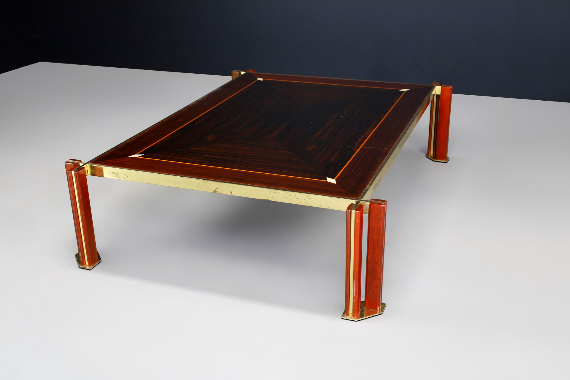 Hollywood regency Paolo Barracchia Large Brass and Wood Coffee Table, Italy 1970s Late-20th century