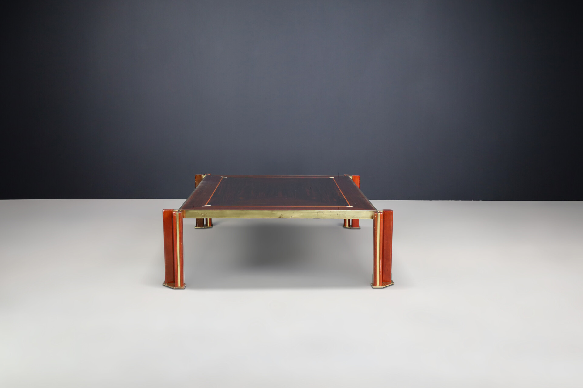 Hollywood regency Paolo Barracchia Large Brass and Wood Coffee Table, Italy 1970s Late-20th century