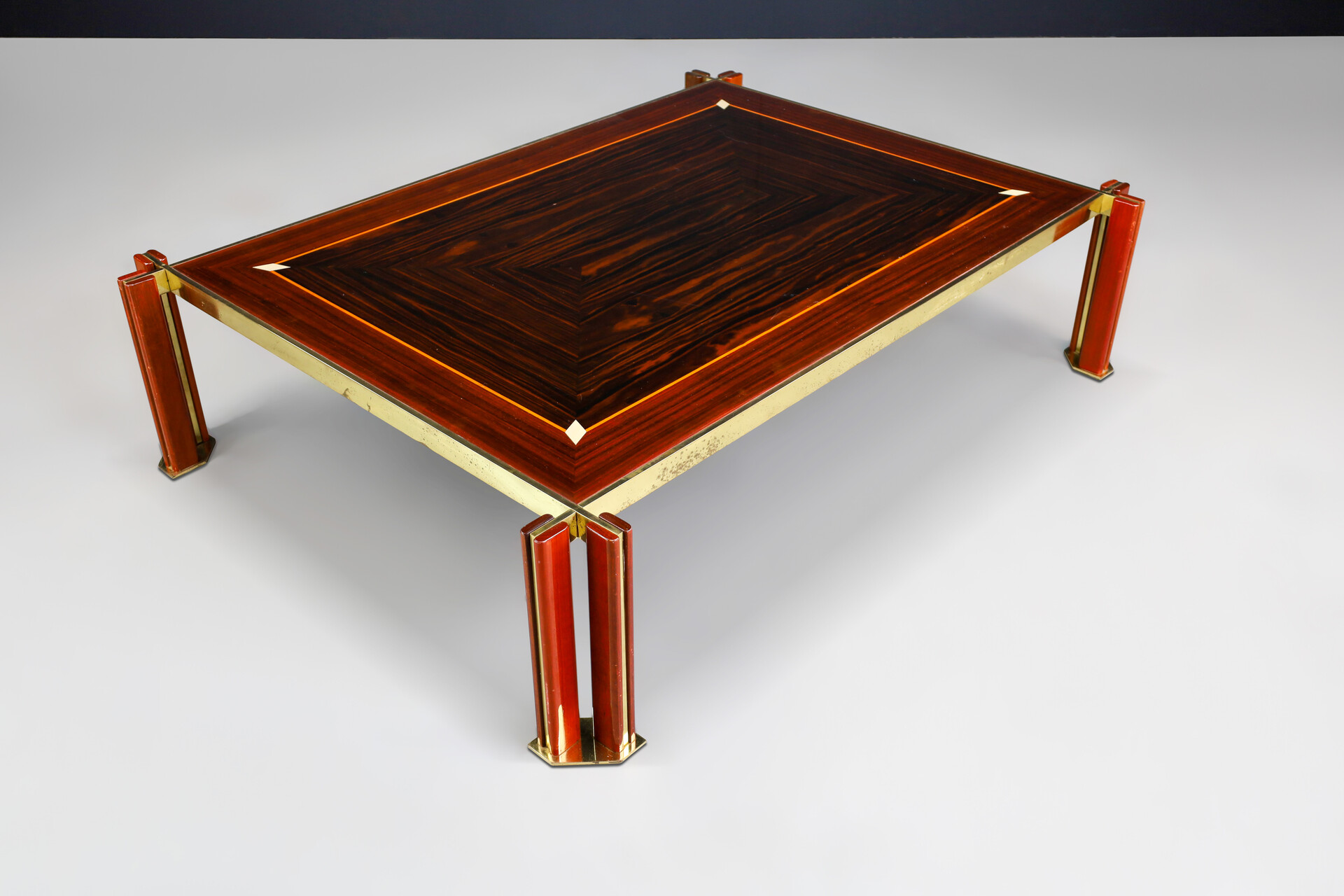Hollywood regency Paolo Barracchia Large Brass and Wood Coffee Table, Italy 1970s Late-20th century