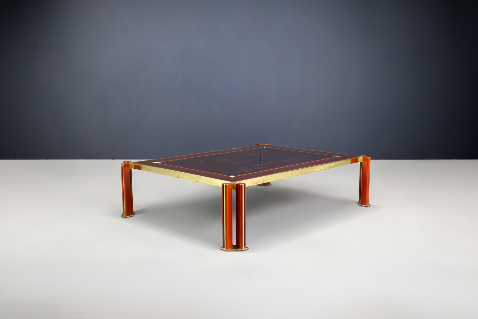 Hollywood regency Paolo Barracchia Large Brass and Wood Coffee Table, Italy 1970s Late-20th century