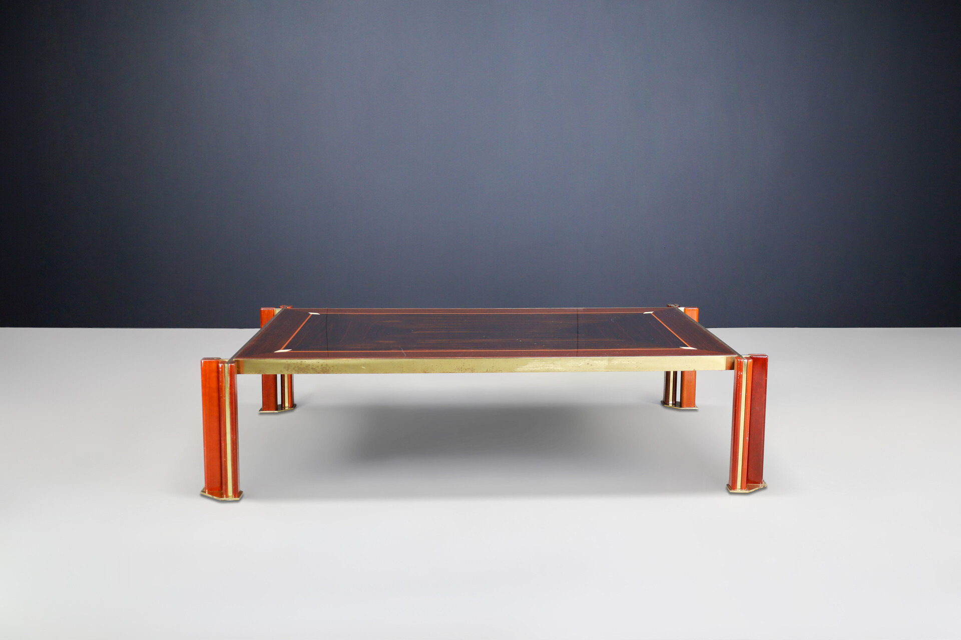 Hollywood regency Paolo Barracchia Large Brass and Wood Coffee Table, Italy 1970s Late-20th century