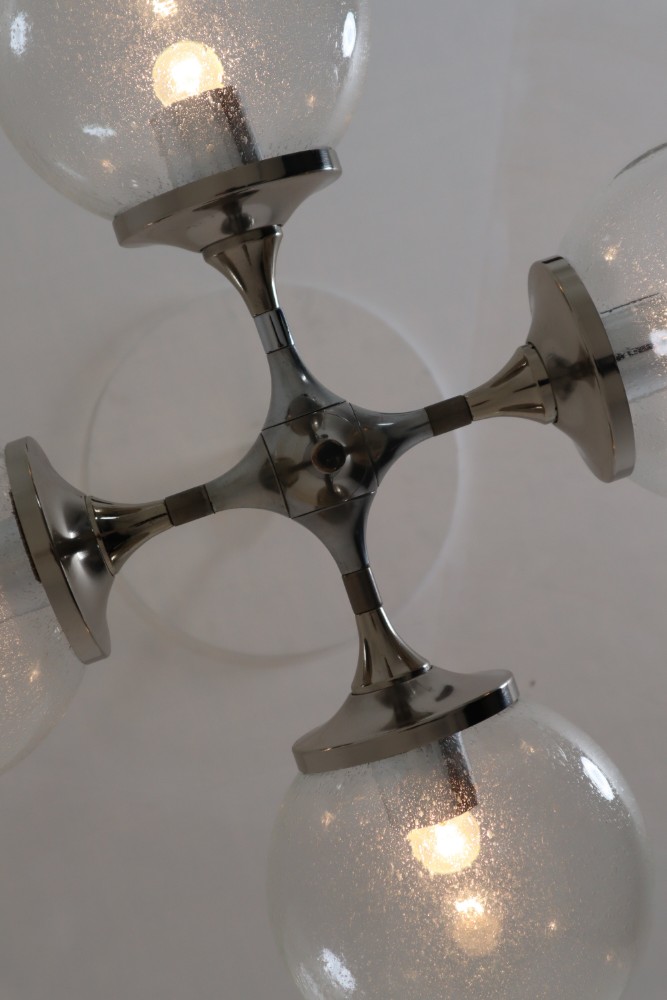 Huge Modern Geometric Chandeliers in Nickel-Plated Steel and Handblown Glass