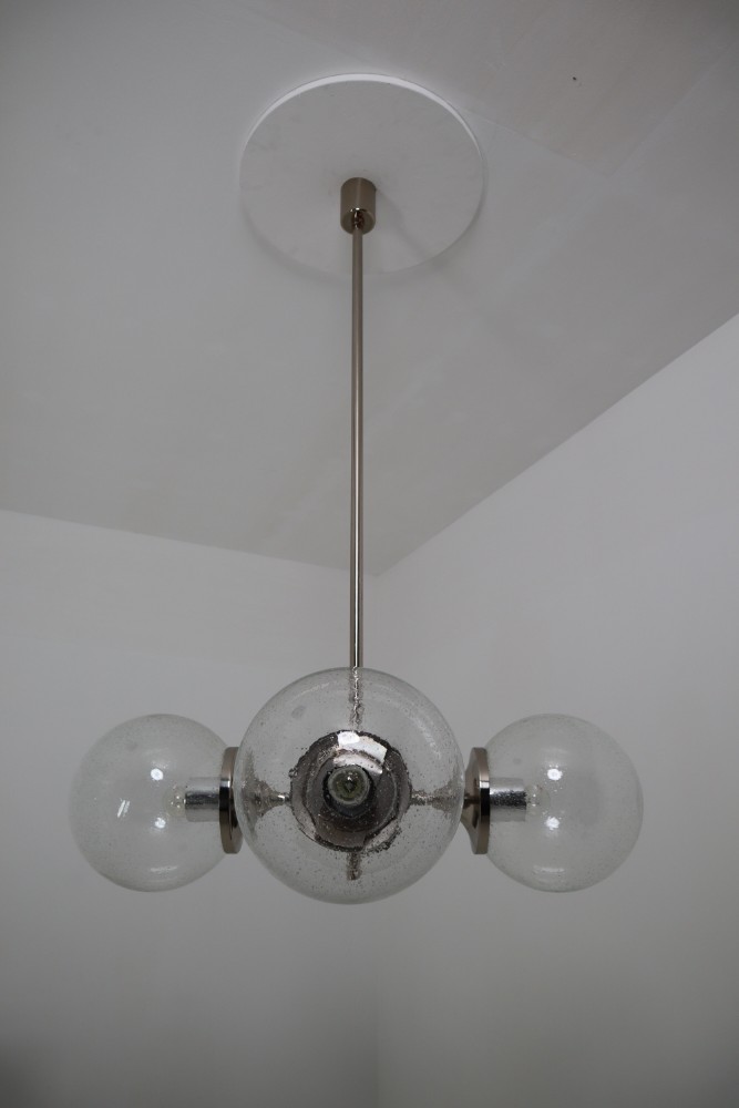 Huge Modern Geometric Chandeliers in Nickel-Plated Steel and Handblown Glass