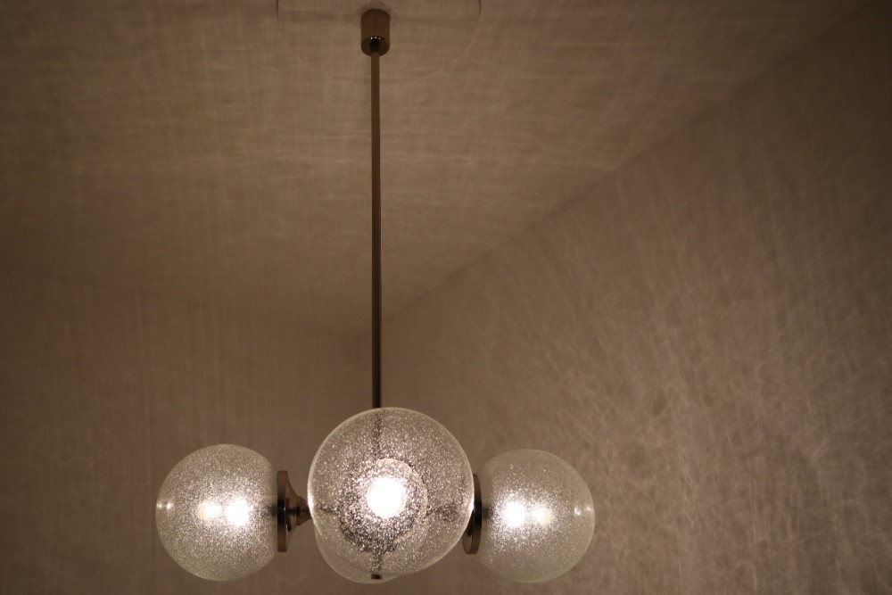 Huge Modern Geometric Chandeliers in Nickel-Plated Steel and Handblown Glass