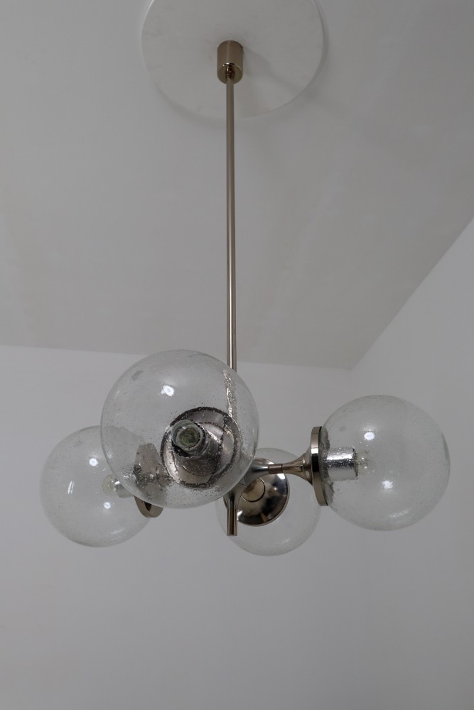 Huge Modern Geometric Chandeliers in Nickel-Plated Steel and Handblown Glass