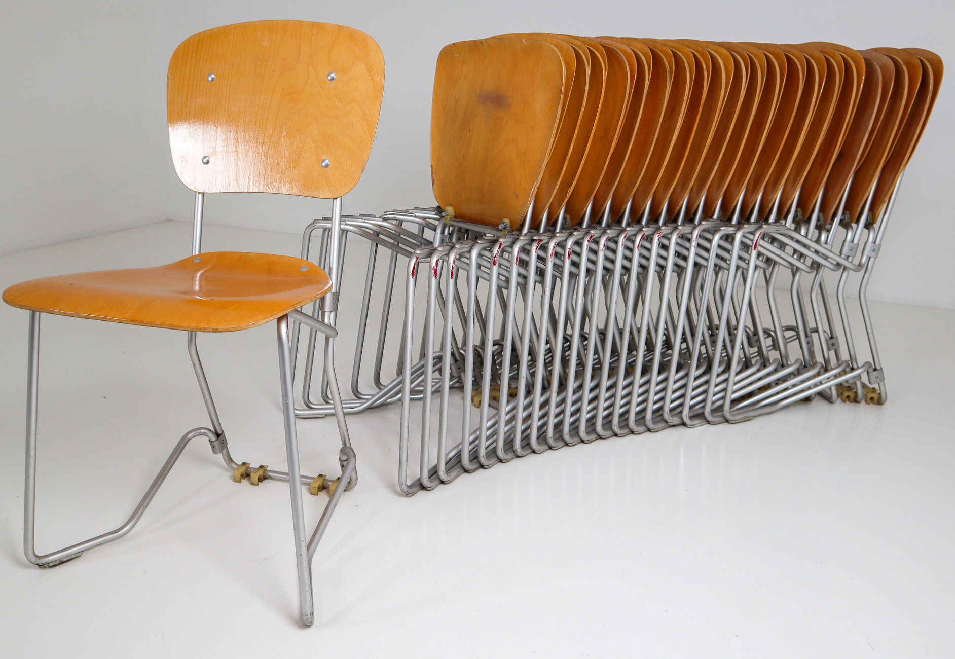 Industrial Aluminum,Plywood SET/20 Chairs Designed by Armin Wirth for Hans Zollinger Sohre, Switzerland 1970S Mid-20th century
