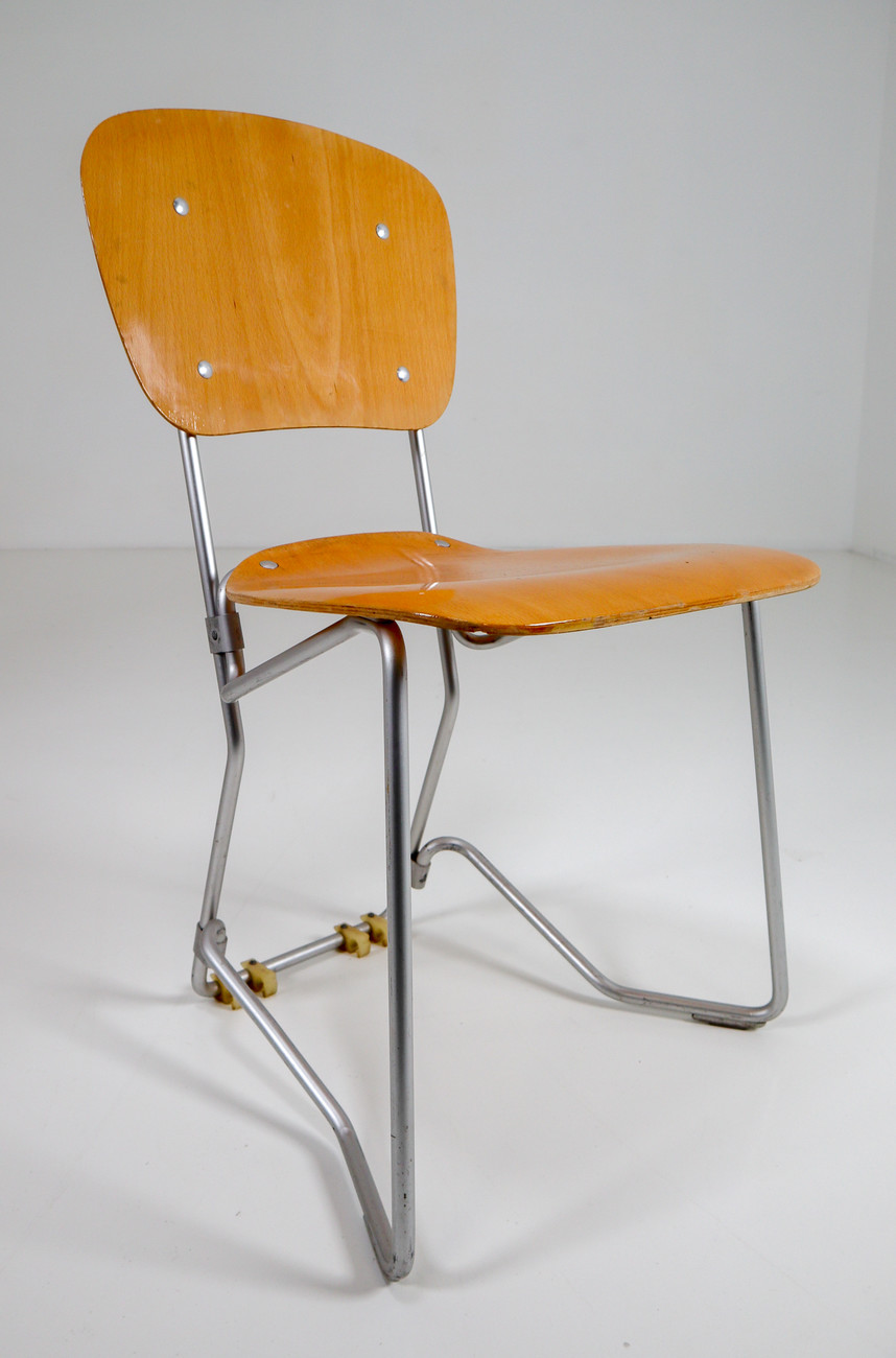 Industrial Aluminum,Plywood SET/20 Chairs Designed by Armin Wirth for Hans Zollinger Sohre, Switzerland 1970S Mid-20th century