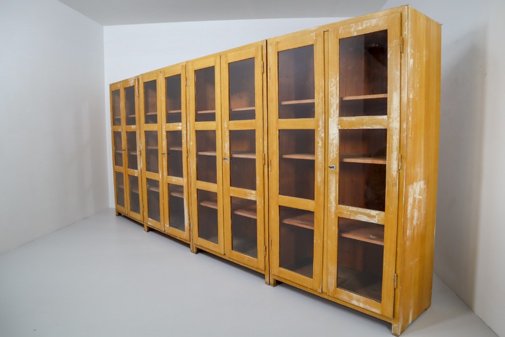 Industrial Large French Midcentury Eight Glazed Doors Display Cabinet in Original Paint Mid-20th century