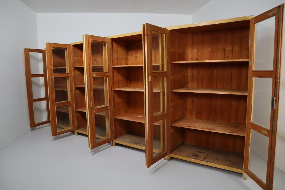 Industrial Large French Midcentury Eight Glazed Doors Display Cabinet in Original Paint Mid-20th century