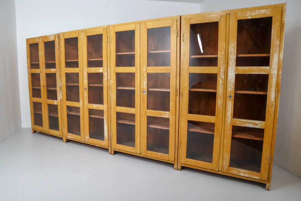 Industrial Large French Midcentury Eight Glazed Doors Display Cabinet in Original Paint Mid-20th century