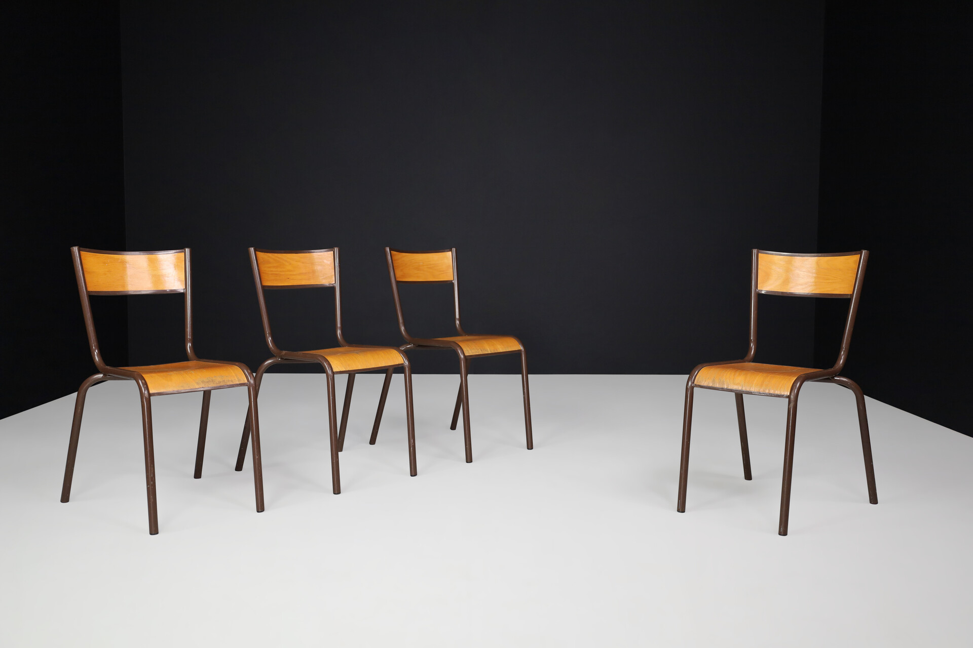 Industrial Stacking Mulca Dining Chairs Plywood and steel, France 1970s Late-20th century