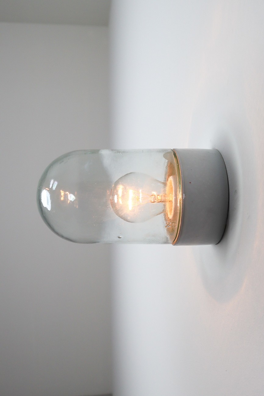  Industrial Vintage Wall/ceiling Lights with Clear Glass and Porcelain Base 1960s Mid-20th century