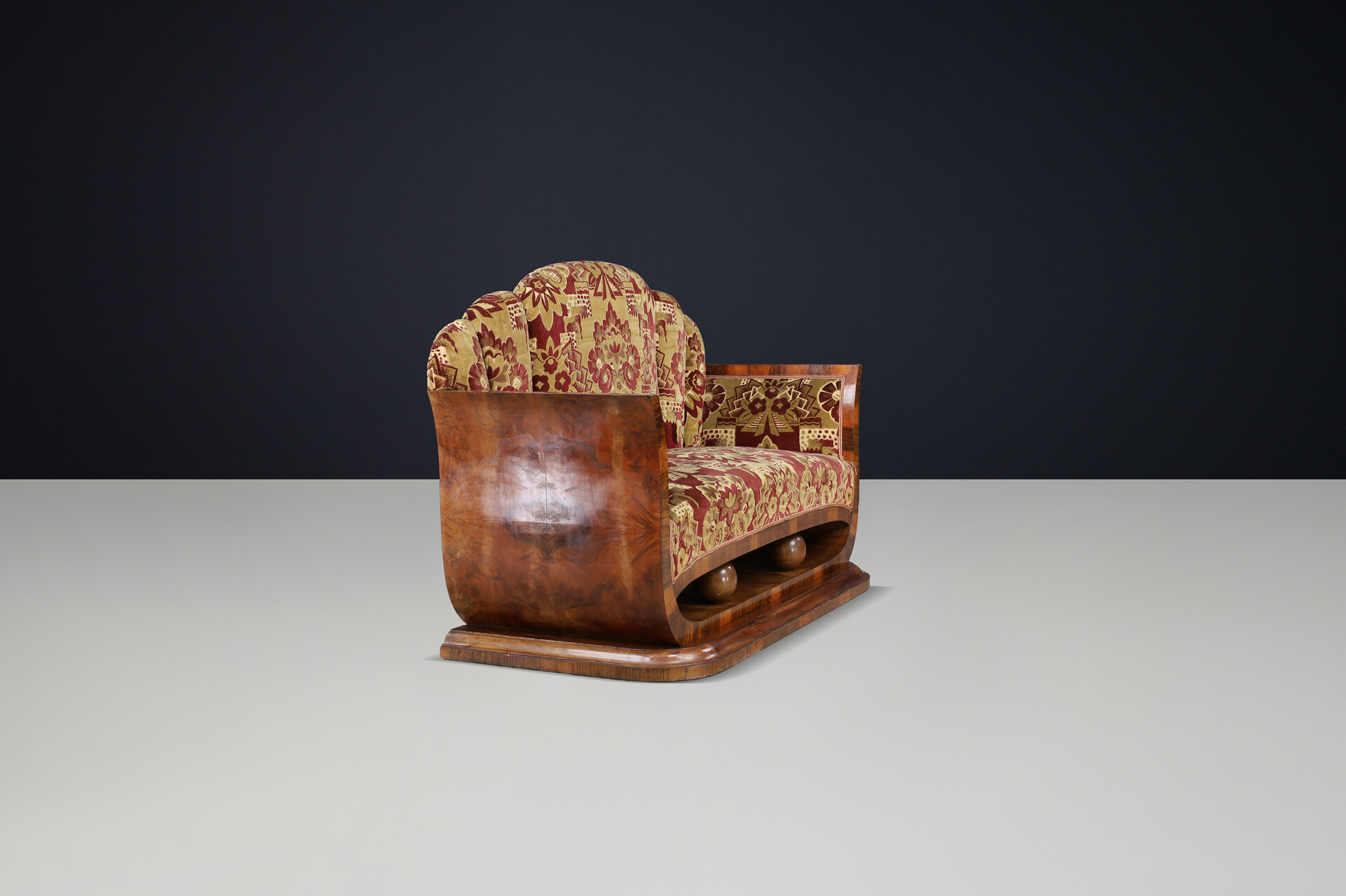 Italian Art Deco Two-Seat Sofa in Walnut Burl with Original Velvet, Naples, 1930 Early-20th century