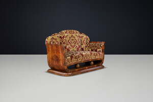 Italian Art Deco Two-Seat Sofa in Walnut Burl with Original Velvet, Naples, 1930 Early-20th century